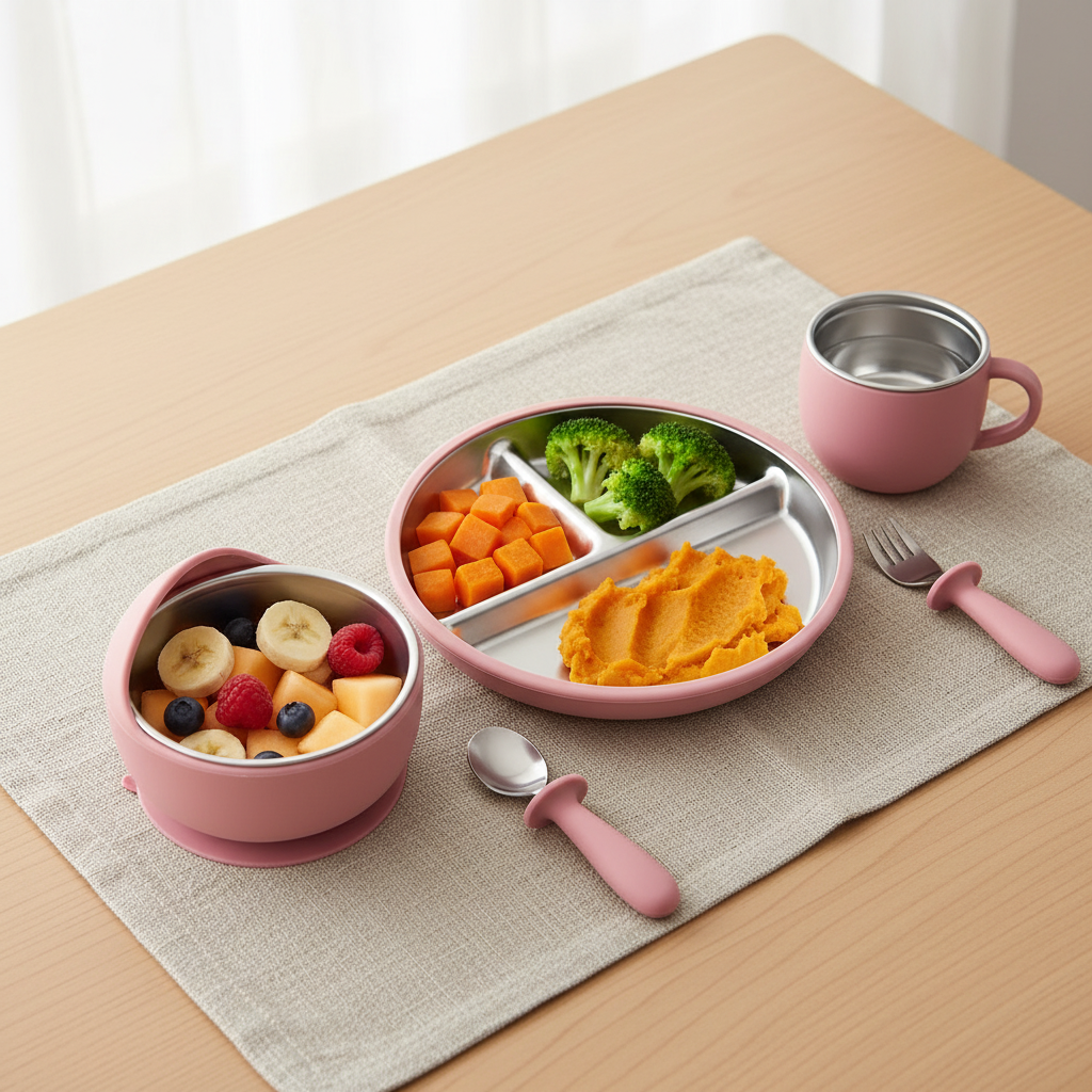 Set de repas rose avec légumes et fruits