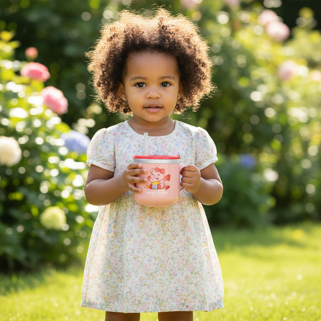 Petite fille avec son verre bébé anti-goutte 