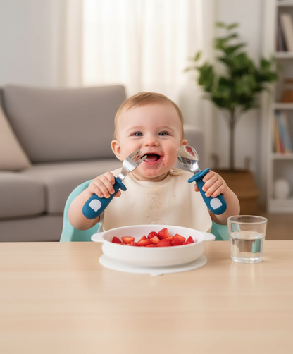 Set de couverts ergonomiques pour bébé en silicone bleu avec poignées antidérapantes
