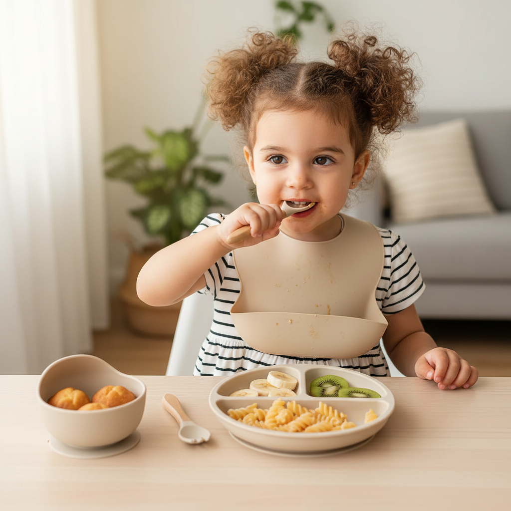 Set vaisselle beige pour bébé en silicone