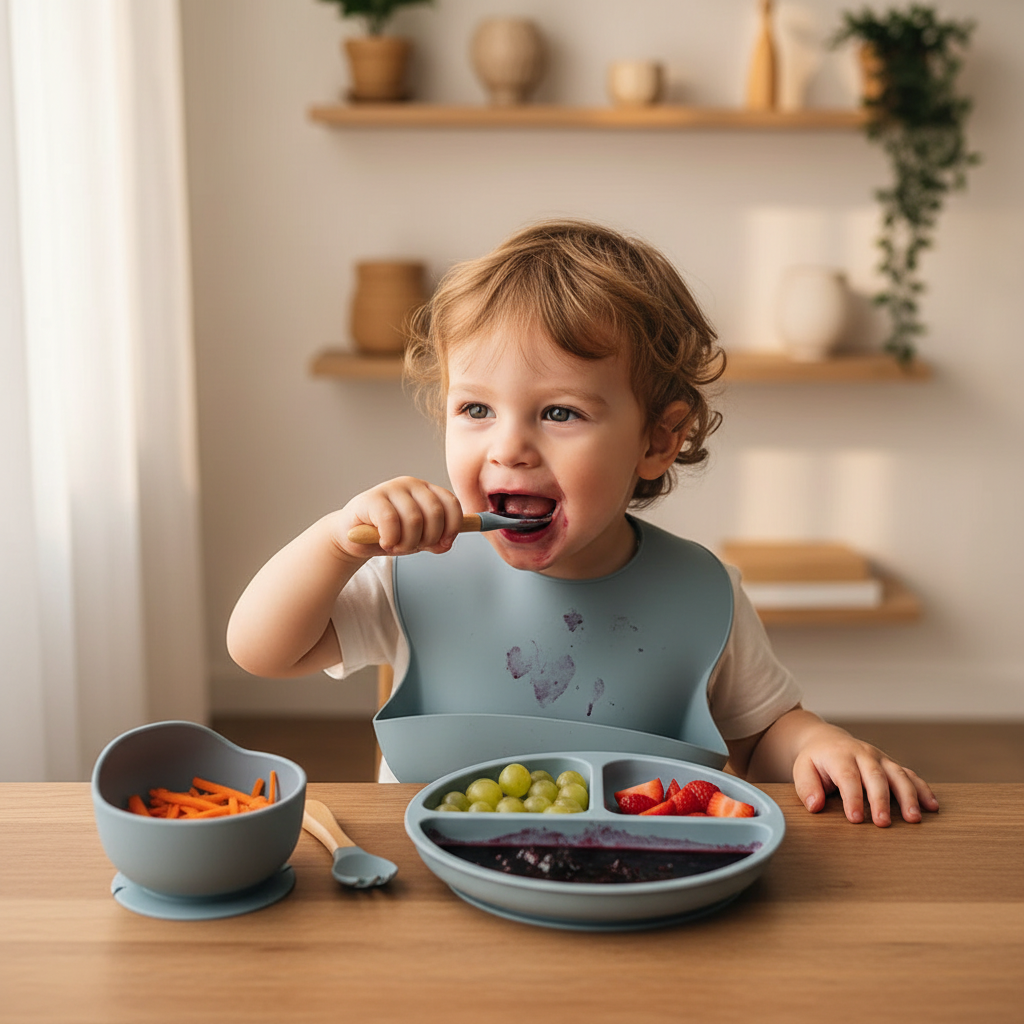 Set vaisselle bleu pour bébé en silicone