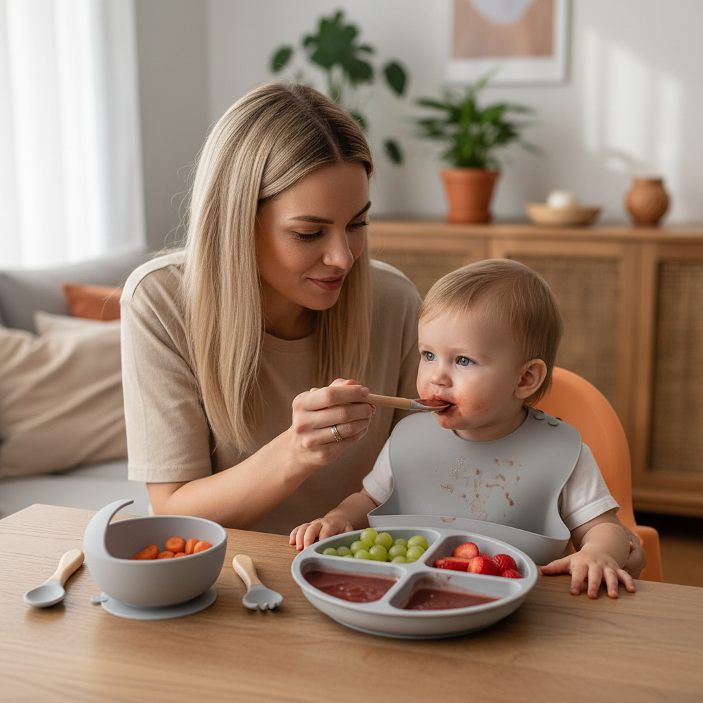 Set vaisselle gris pour bébé en silicone