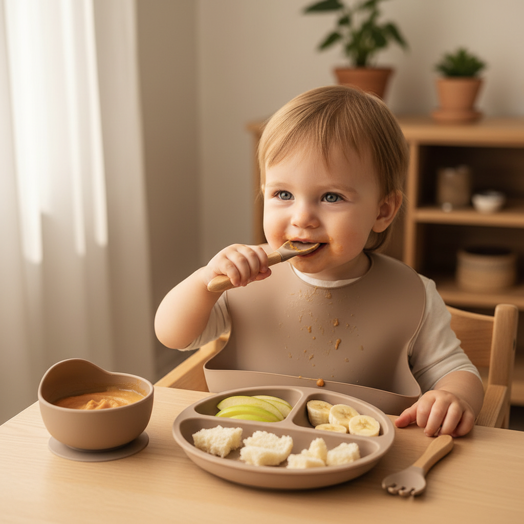 Set vaisselle marron pour bébé en silicone