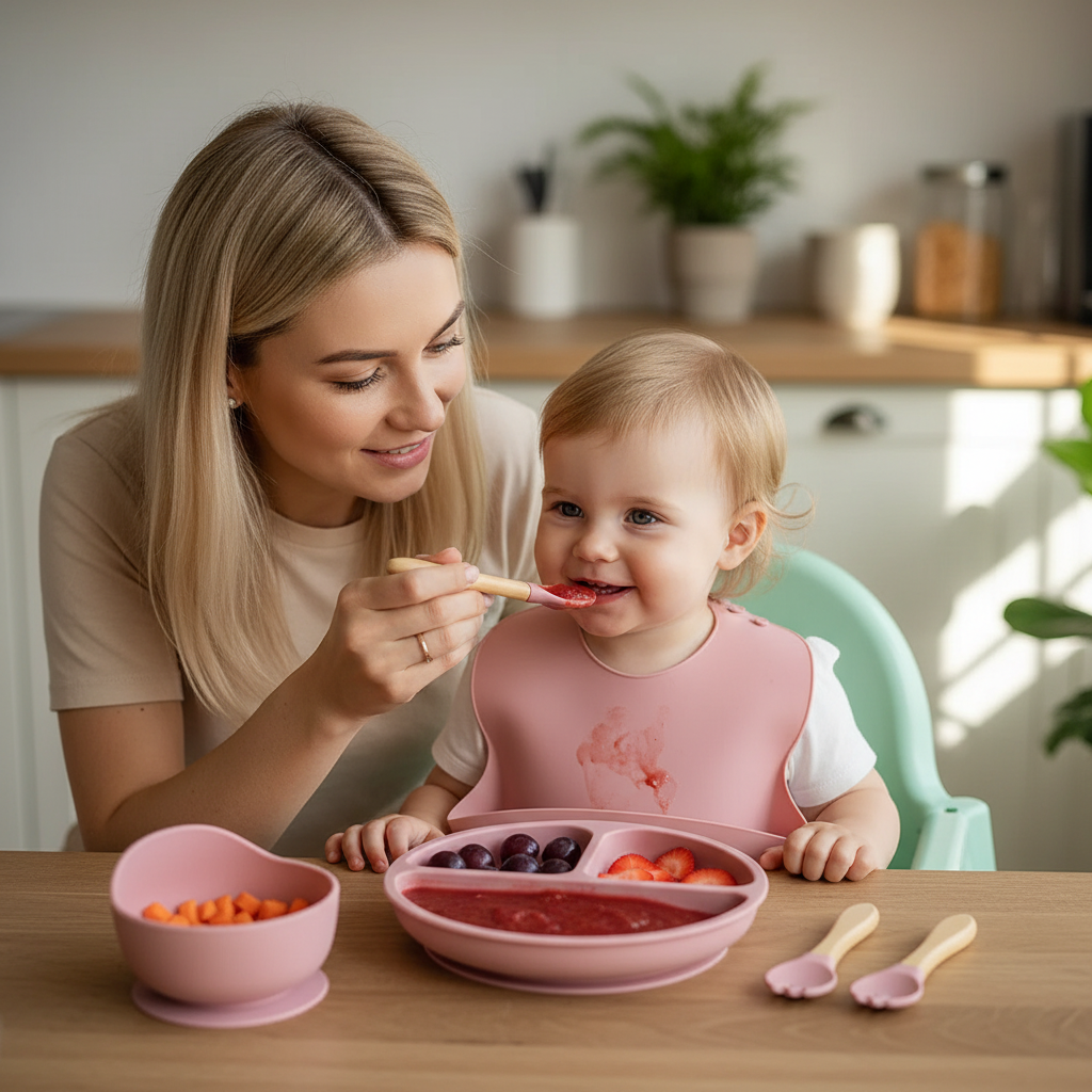 Set vaisselle rose pour bébé en silicone