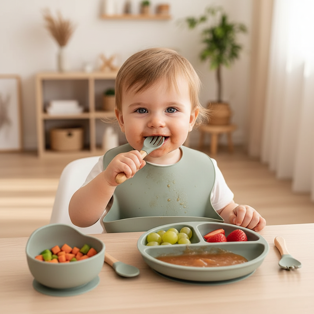 Set vaisselle vert pour bébé en silicone