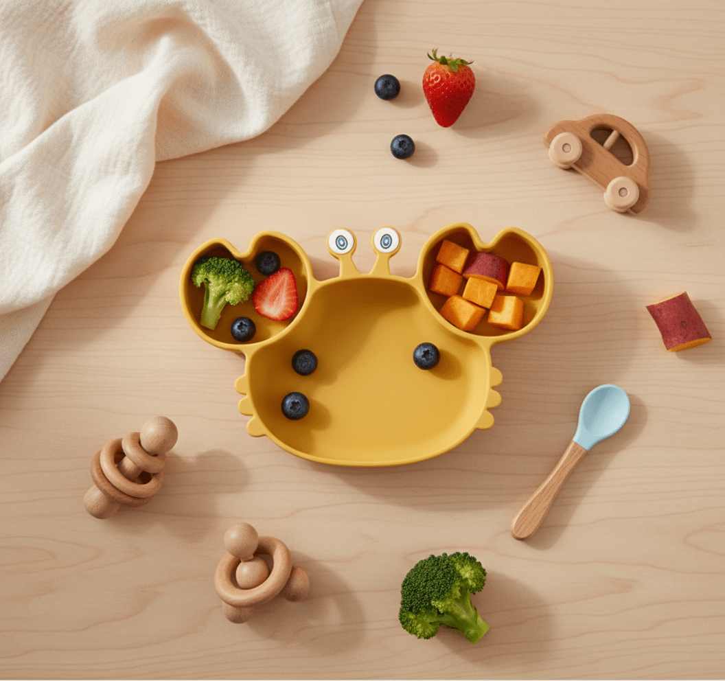 Assiette Bébé Antidérapante en Silicone | Forme Crabe à Compartiments - Kiabebe