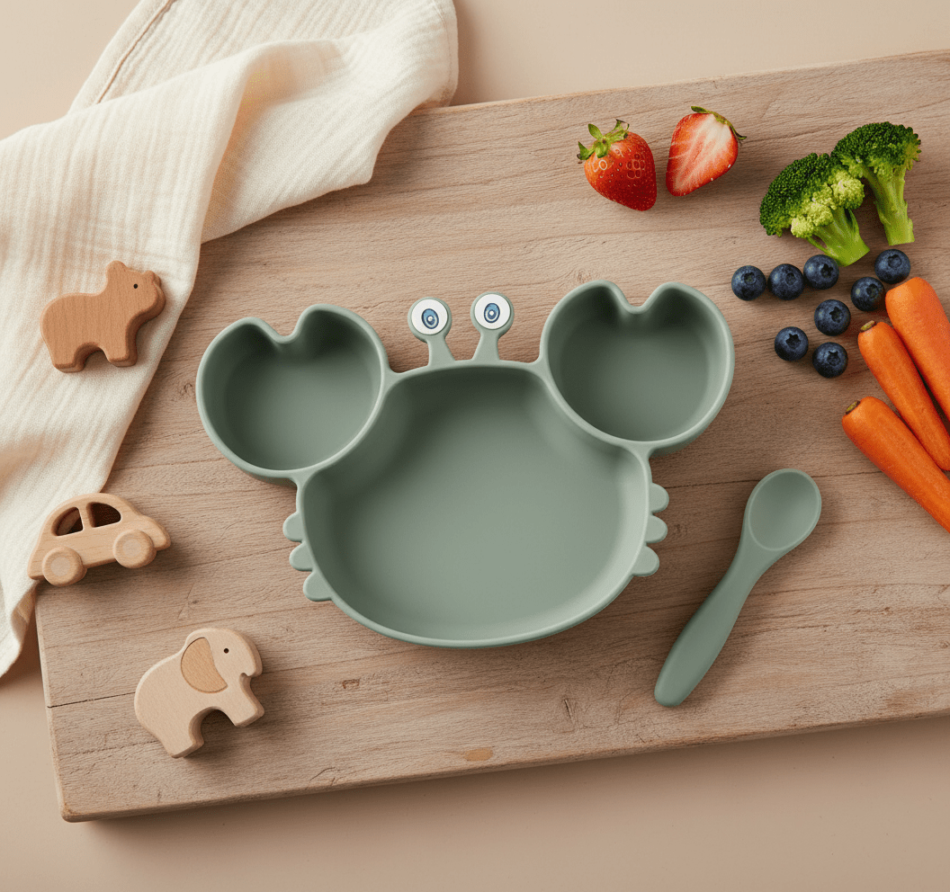 Assiette Bébé Antidérapante en Silicone | Forme Crabe à Compartiments - Kiabebe