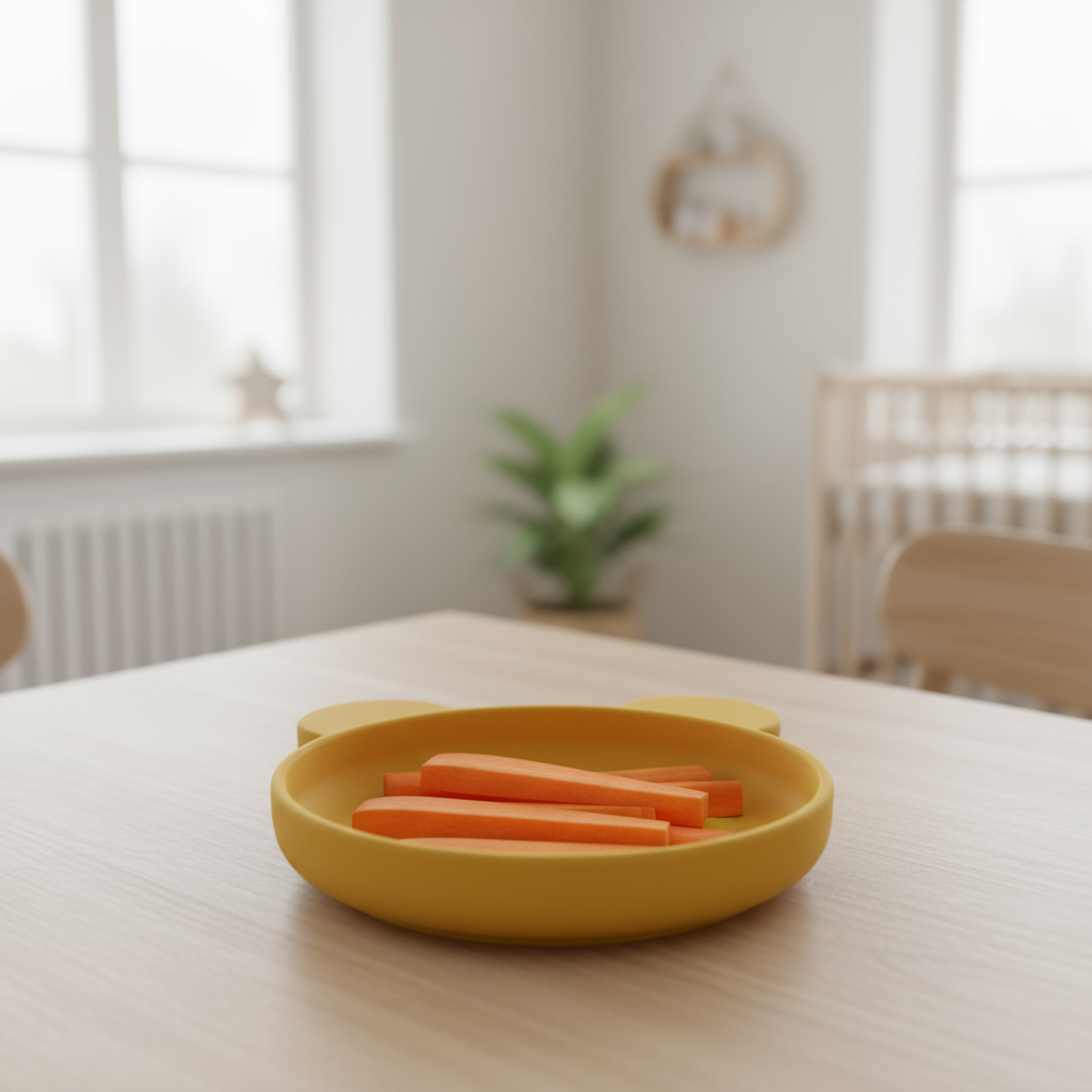 Assiette bébé silicone jaune avec bâtonnets des carottes