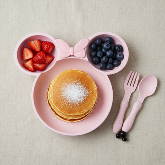Assiette Mickey avec pancakes, fruits et couverts