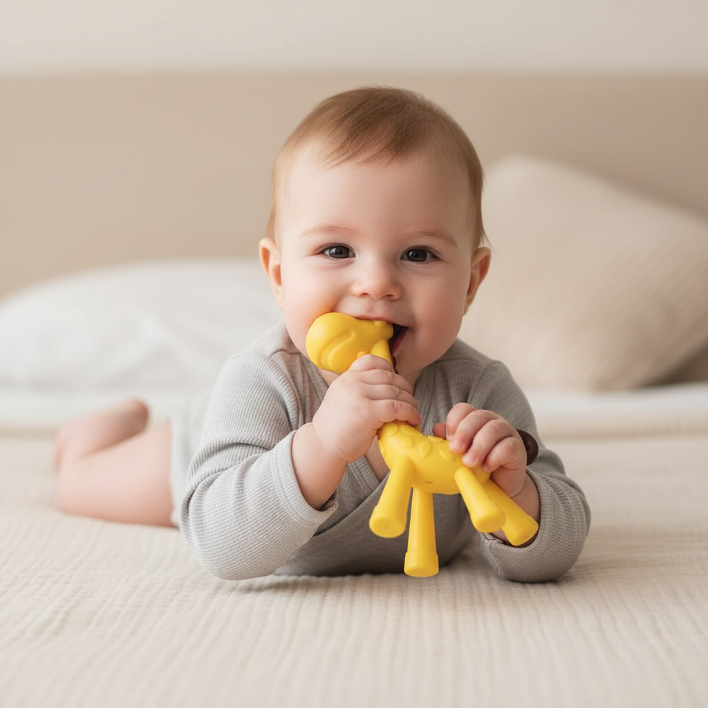 Bébé avec anneau de dentition girafe