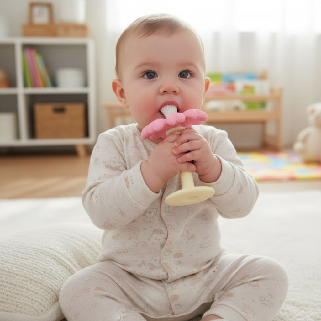 Bébé avec anneau de dentition rose