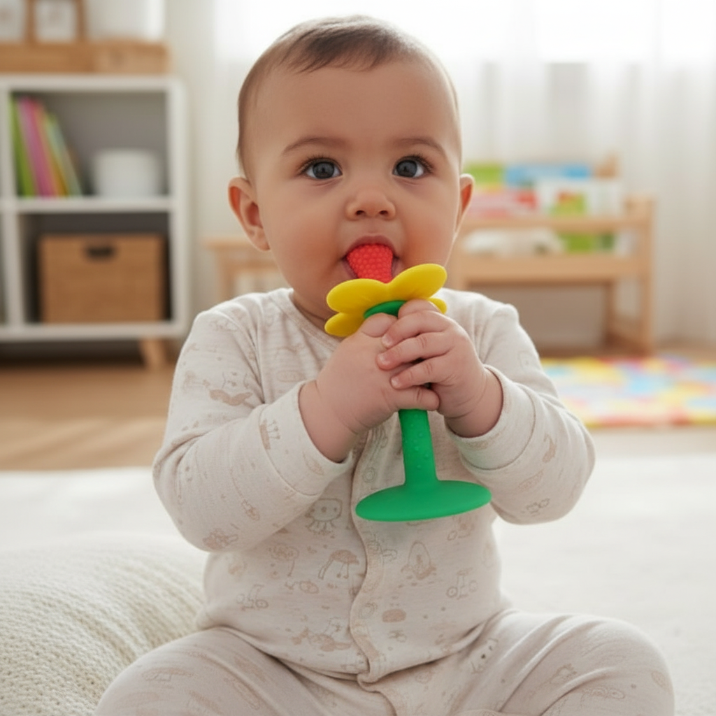 Bébé avec anneau de dentition vert