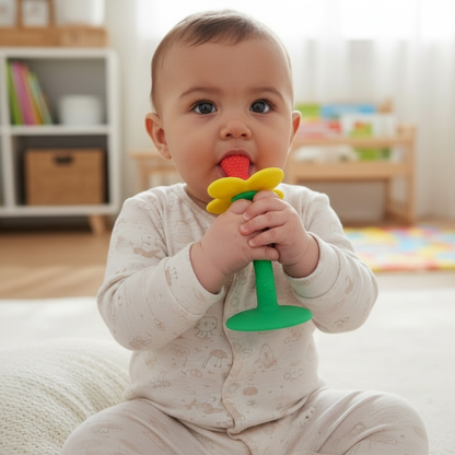 Bébé avec anneau de dentition vert