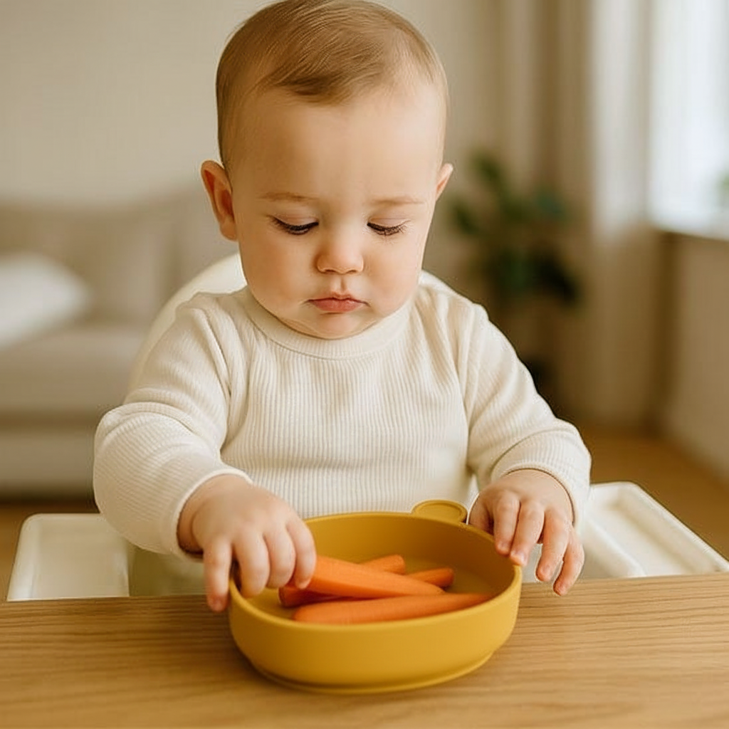 Bébé avec assiette silicone jaune et carottes
