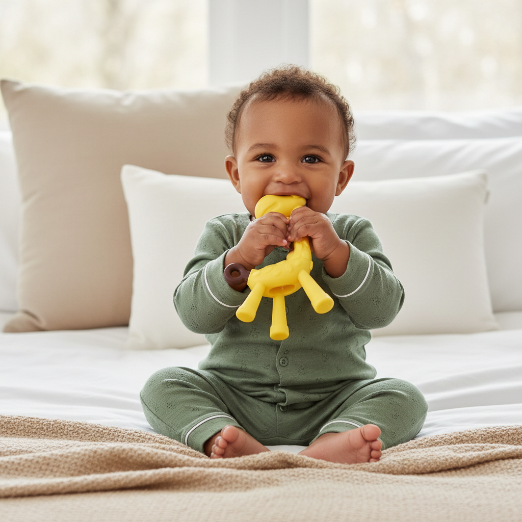 Bébé avec un anneau de dentition girafe