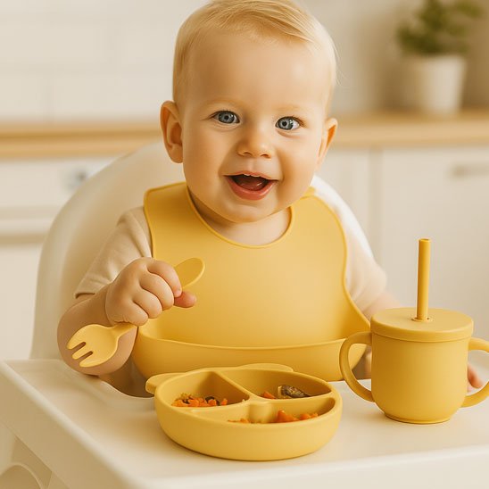 Bébé heureux utilisant un set de vaisselle en silicone bleu avec bavoir, tenant une cuillère et mangeant des aliments sains dans une chaise haute
