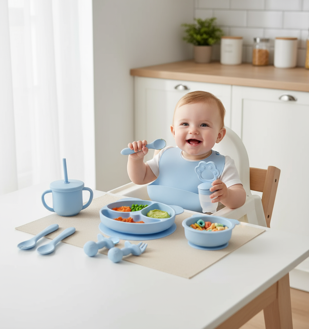 Bébé heureux utilisant un set de vaisselle en silicone bleu avec bavoir, tenant une cuillère et mangeant des aliments sains dans une chaise haute