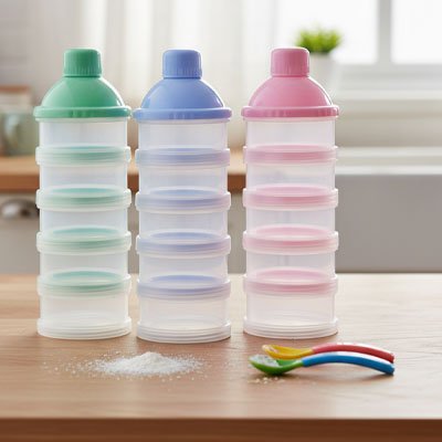 Boite doseuse lait rose, bleu et vert essentiel pour vos sorties