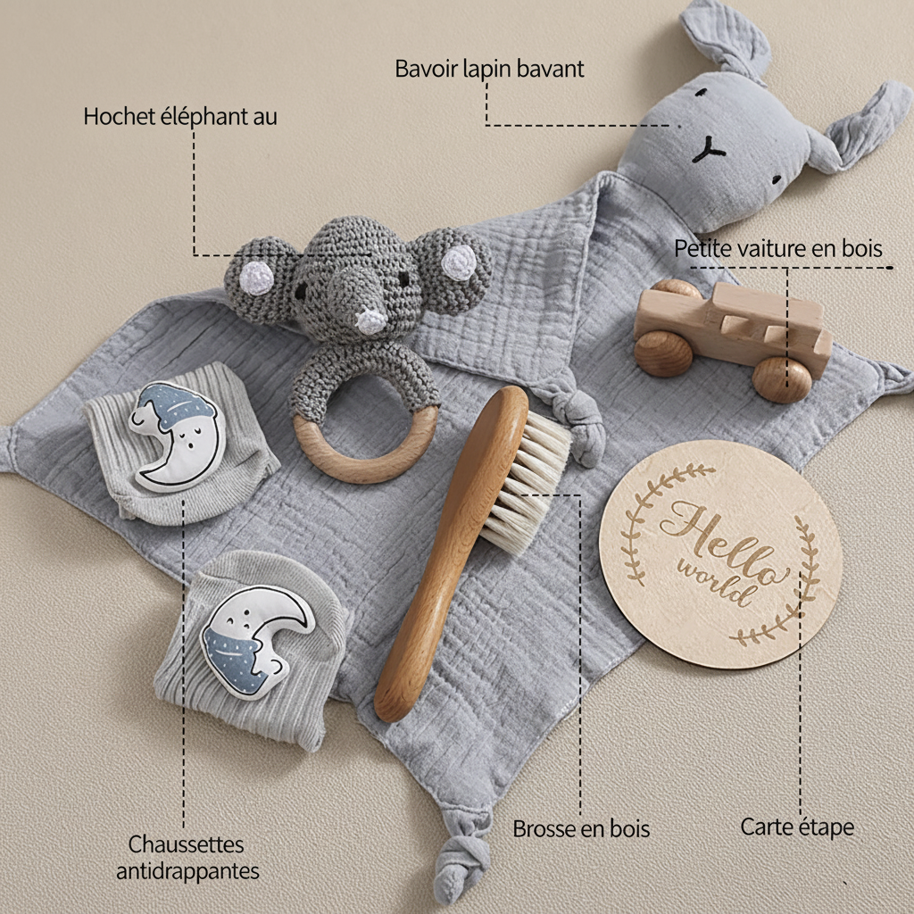 Coffret hochets bébé avec annotations en français