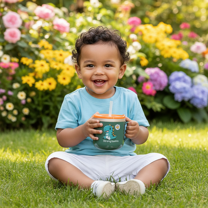 Petit garçon avec verre bébé dinosaure anti-goutte 