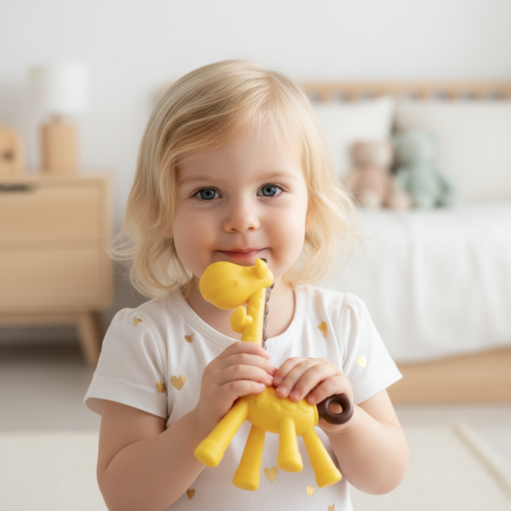 Petite fille  avec anneau de dentition girafe