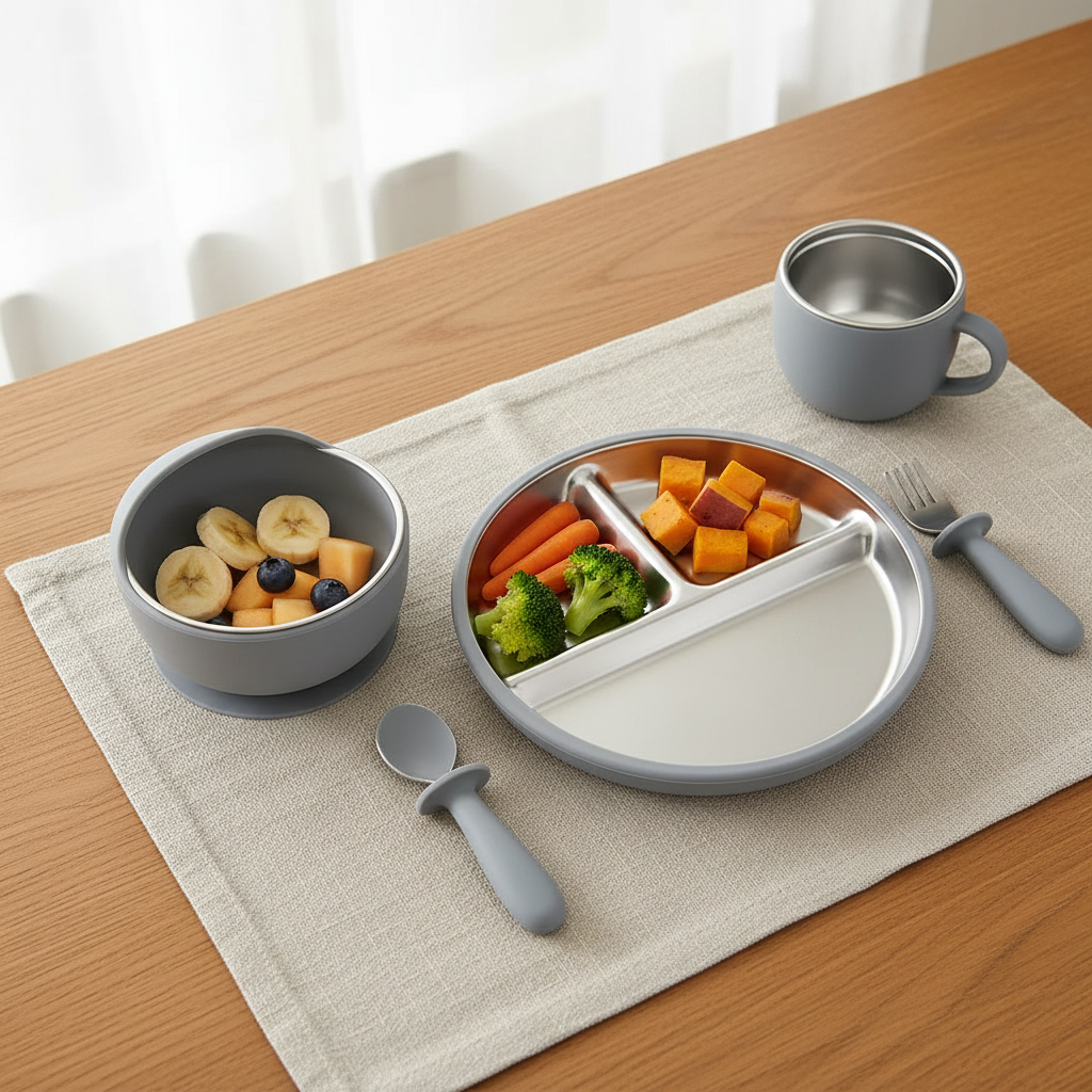 set de vaisselle vert pour bebe silicone acier inox