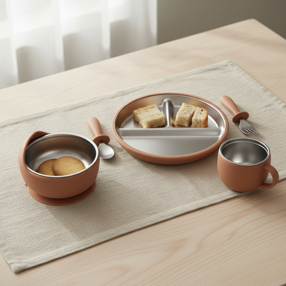Set de vaisselle marron pour bebe silicone acier inox