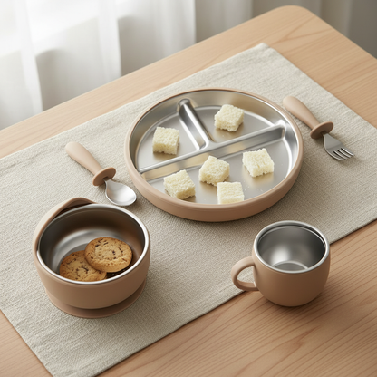 Set de vaisselle vert pour bebe silicone acier inox marron