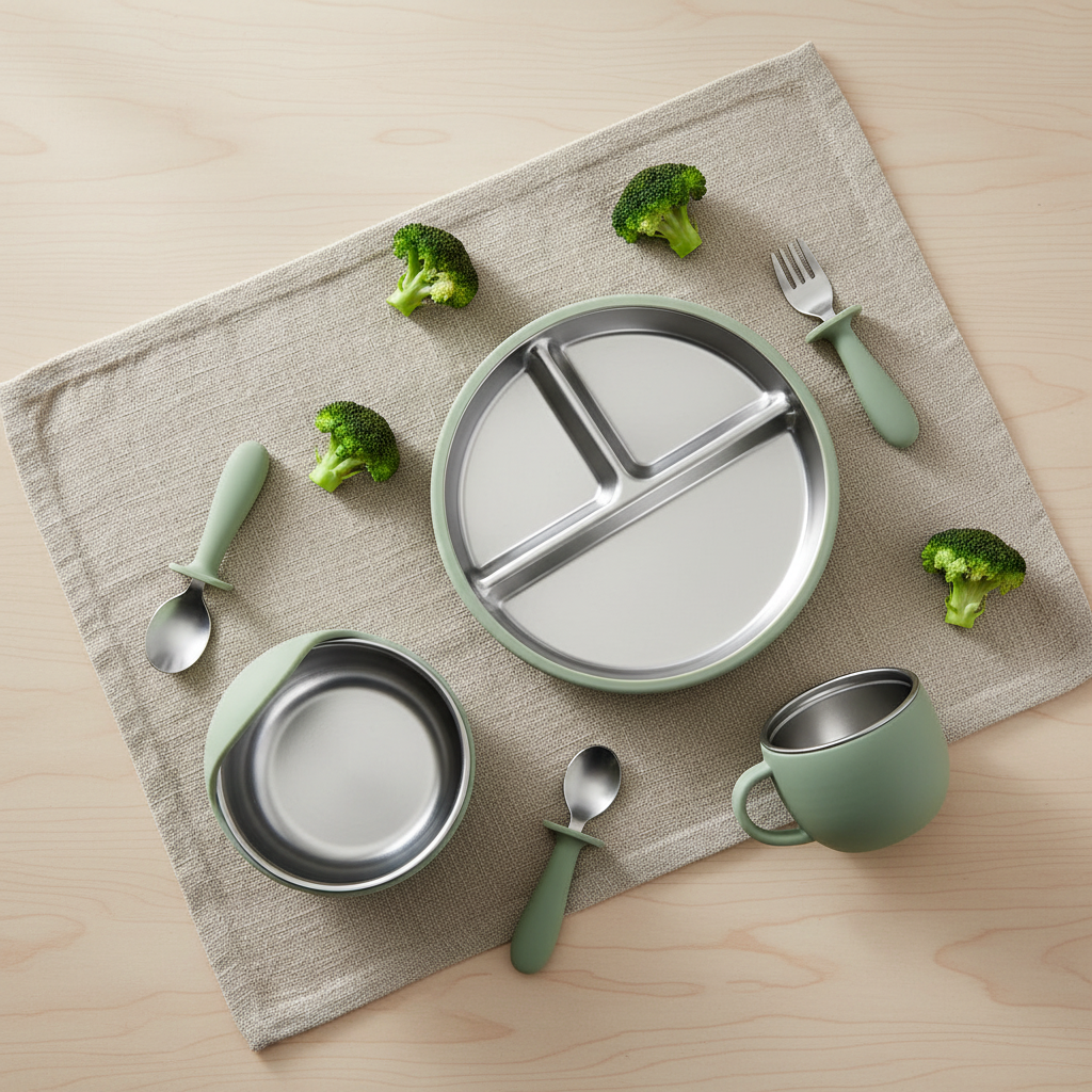 Set de vaisselle vert pour bébé silicone et acier inox