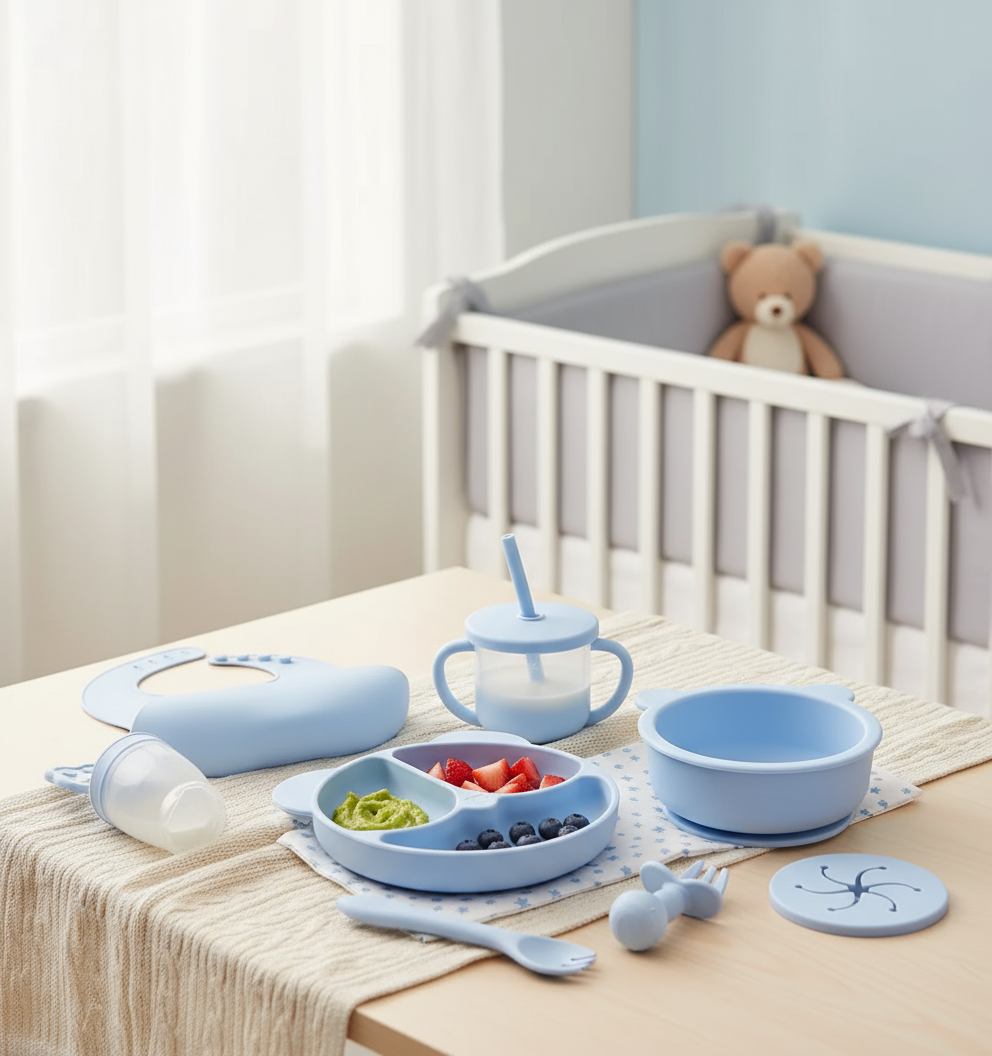 Set de vaisselle pour bébé en silicone bleu avec assiette compartimentée, bol à ventouse et couverts disposés sur une table dans une chambre d'enfant
