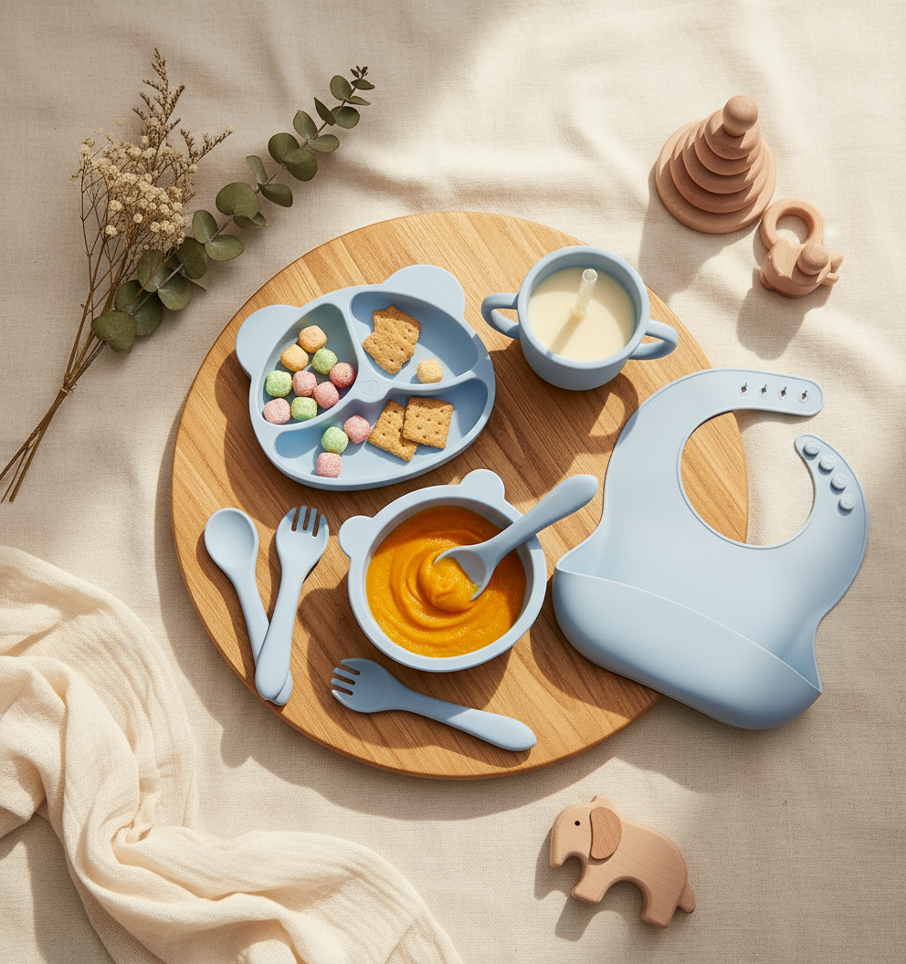 Set de vaisselle pour bébé en silicone bleu avec purée, biscuits et lait disposé sur un plateau en bois rond avec bavoir baleine, décoré de fleurs séchées et jouets en bois