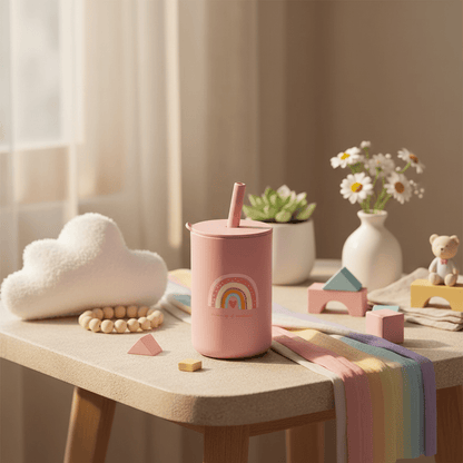 Verre bébé rose (arc-en-ciel) en silicone