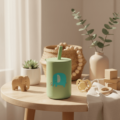 Verre pour bébé vert (éléphant) en silicone