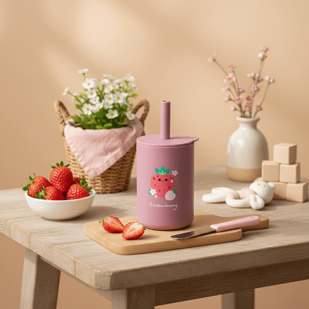 Verre pour bébé rose (fraise) en silicone