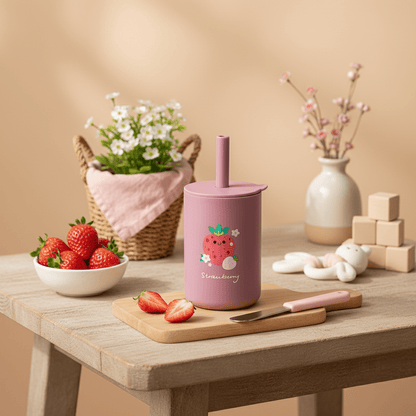 Verre pour bébé rose (fraise) en silicone