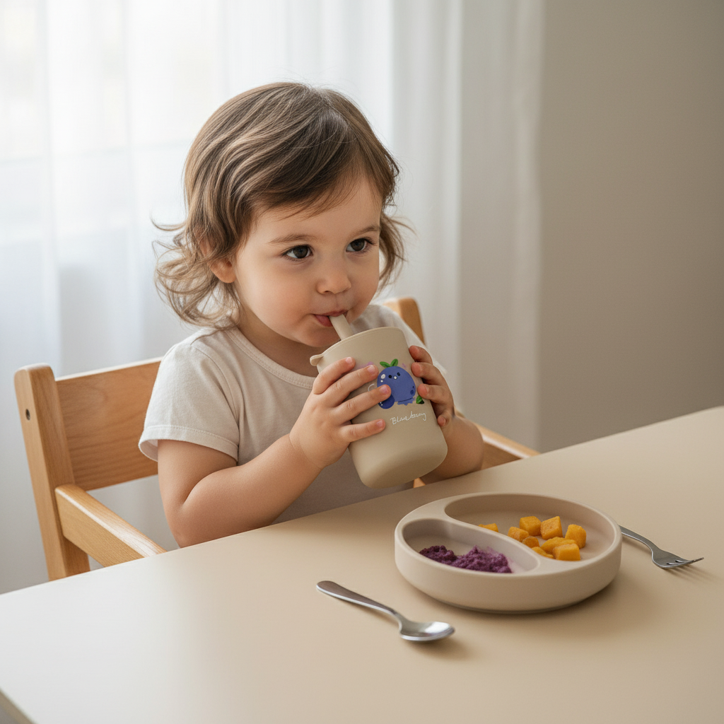 Tasse pour bébé beige (myrtille) en silicone