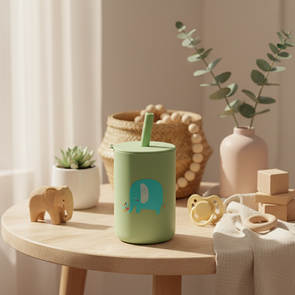 Verre pour bébé vert (éléphant) en silicone