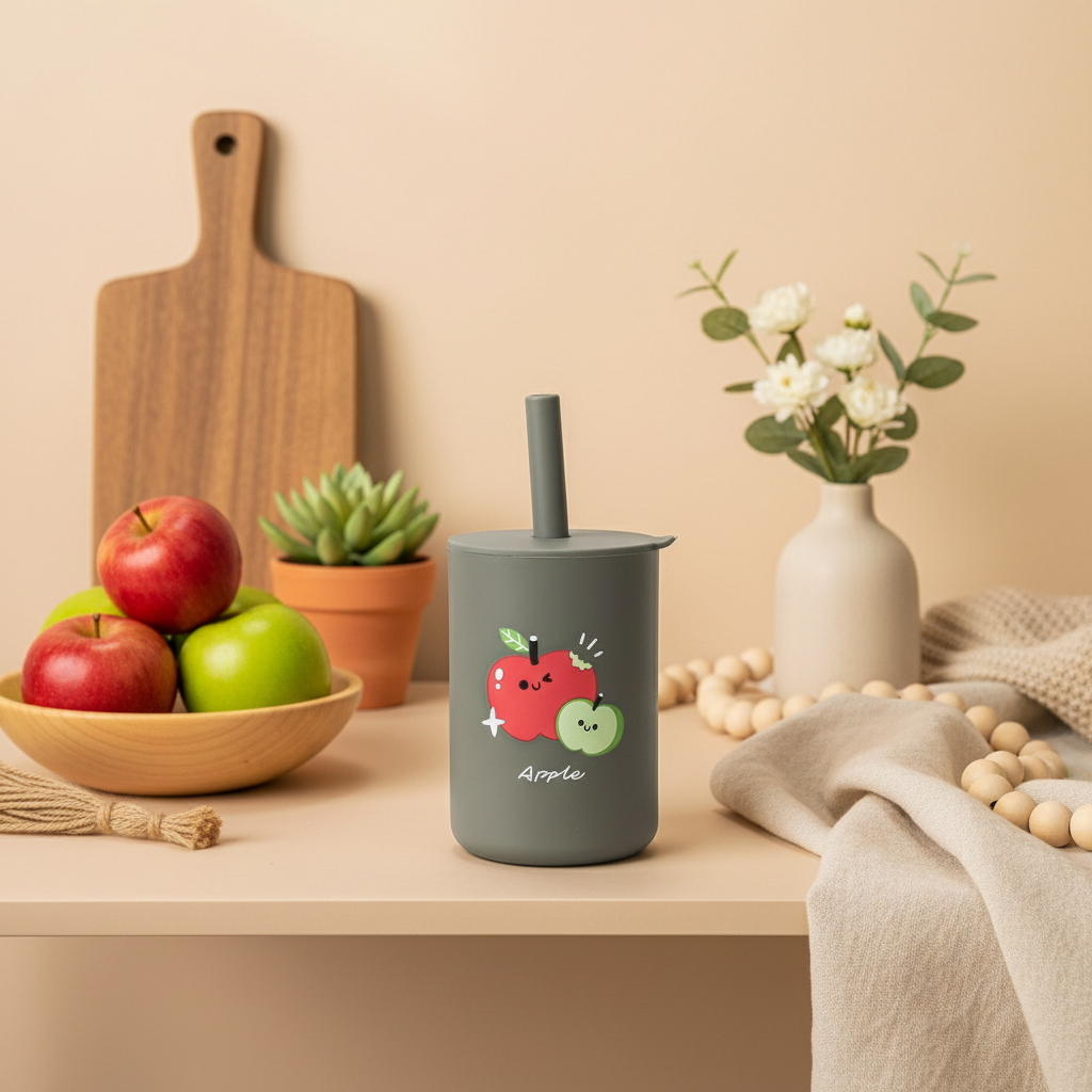 Verre pour bébé gris (pomme) en silicone